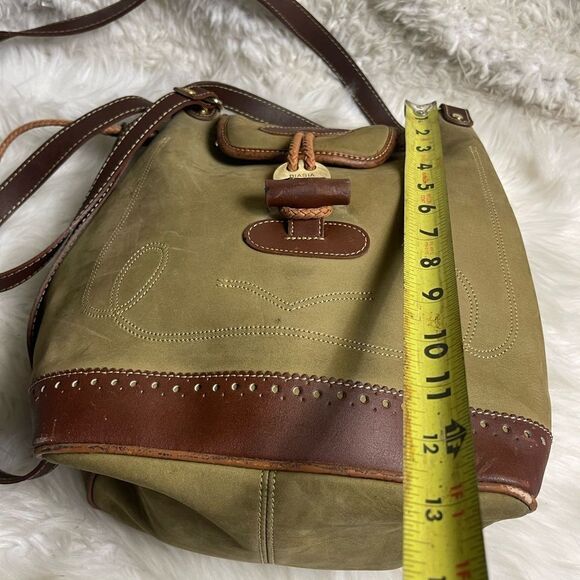 Francesco Biasia leather olive green and brown straps bucket drawstring bag. - Picture 10 of 16